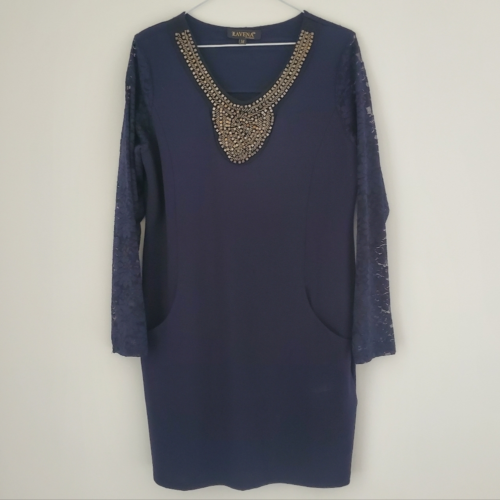 Formal Navy Blue Dress Silver Grey Beaded Open Neckline Lace Sleeves Pockets